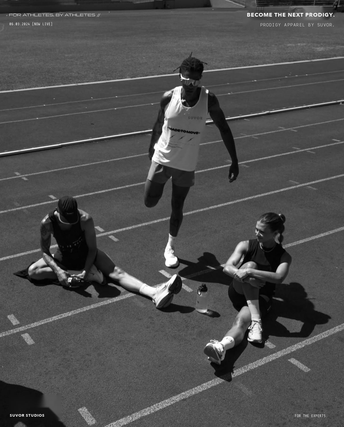 Prodigy Apparel by SUVOR: athletes stretching on a track. For athletes, by athletes. Become the next prodigy.